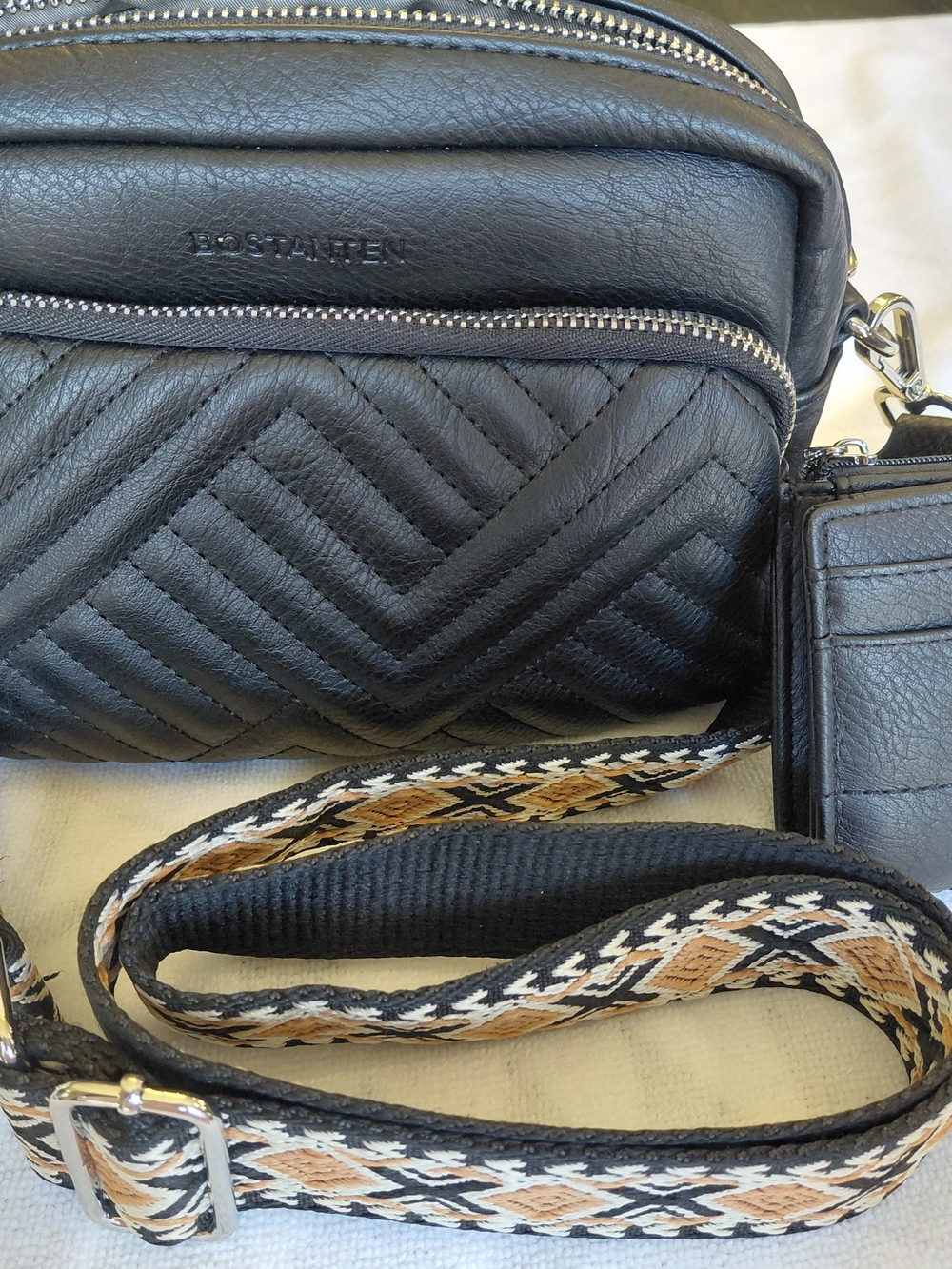 Bostanten Quilted Crossbody Bag With Wallet in Black with Patterned Strap